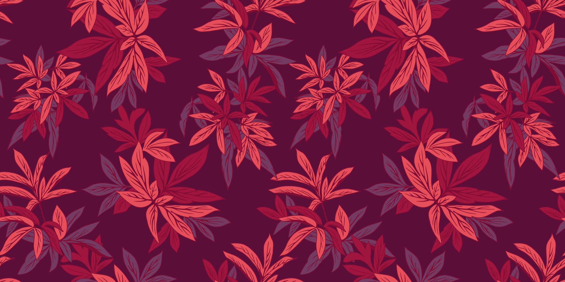 Burgundy elegance jungle seamless pattern with branches leaves. Abstract artistic botanical printing. hand drawn illustration. Template for designs, textile, fashion, fabric, surface design, vector