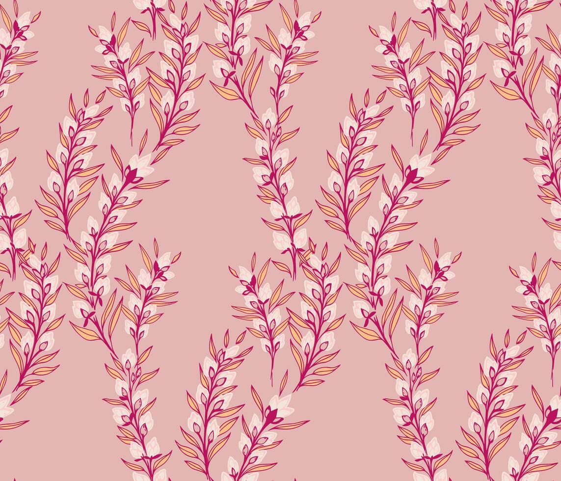 decorativo resumen ramas con flores brotes y minúsculo hojas entrelazados en un sin costura modelo. mano dibujado ilustración. creativo salvaje floral tallos impresión en un beige antecedentes. vector