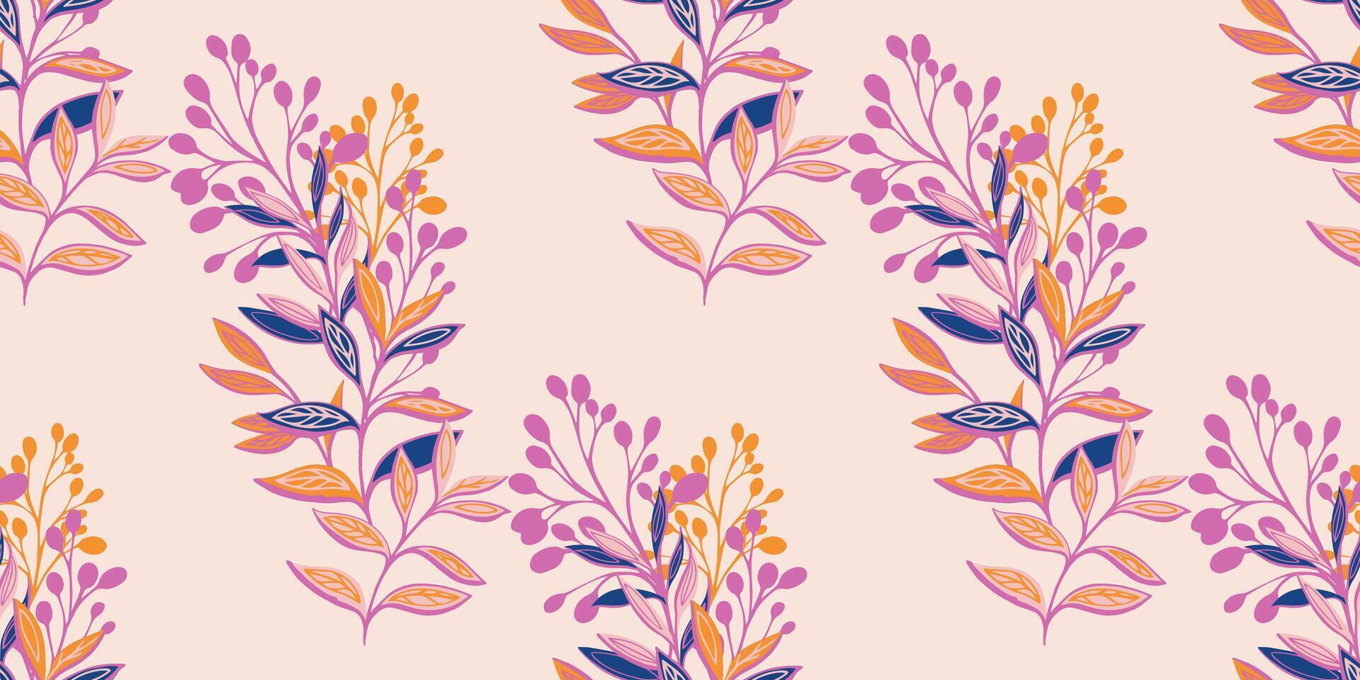 Colorful artistic abstract leaves and branches seamless pattern. hand drawn. Creative bouquets floral stems printing on a light background. Template for designs, textile, fabric vector