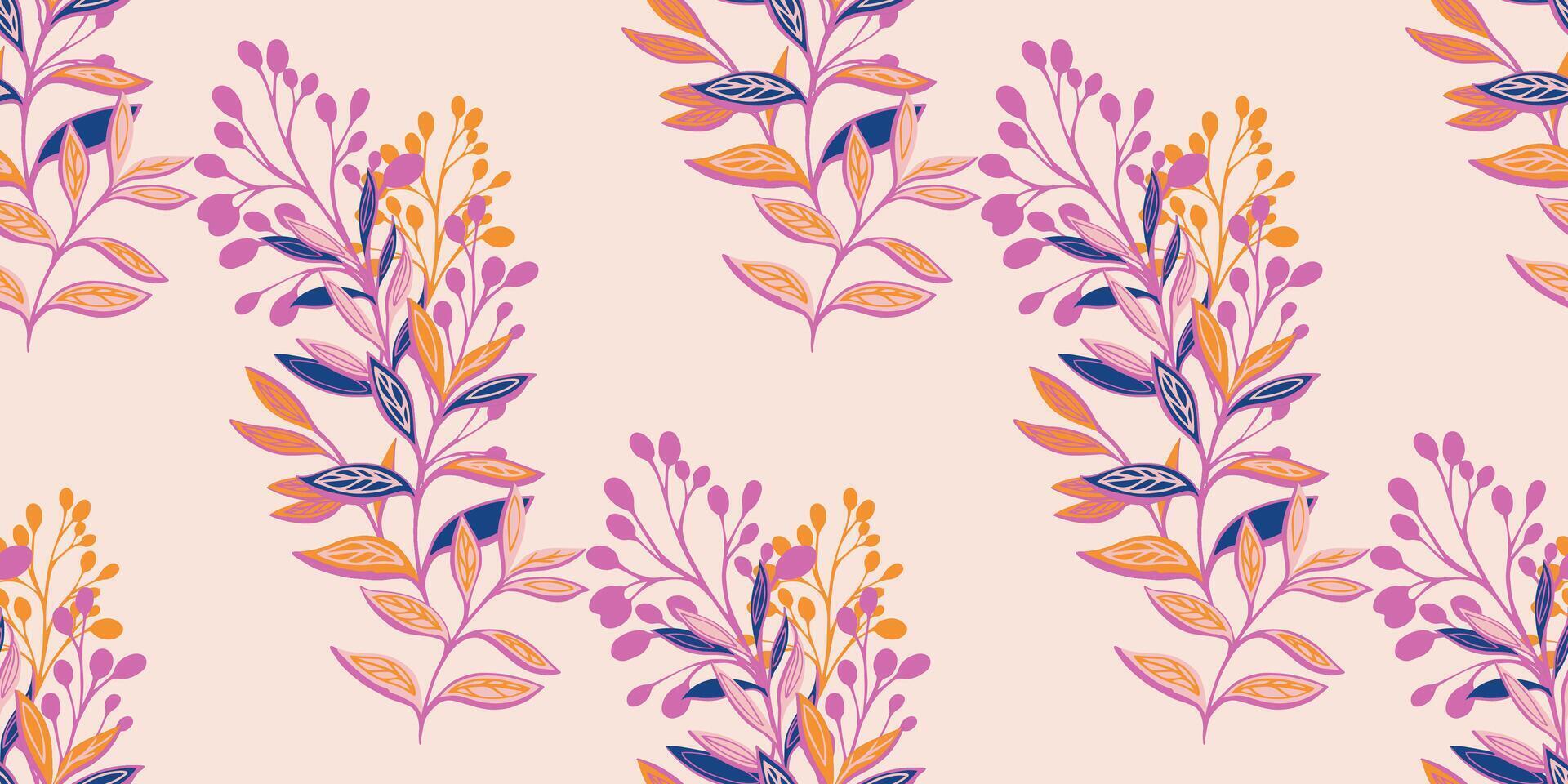 Colorful artistic abstract leaves and branches seamless pattern. hand drawn. Creative bouquets floral stems printing on a light background. Template for designs, textile, fabric vector