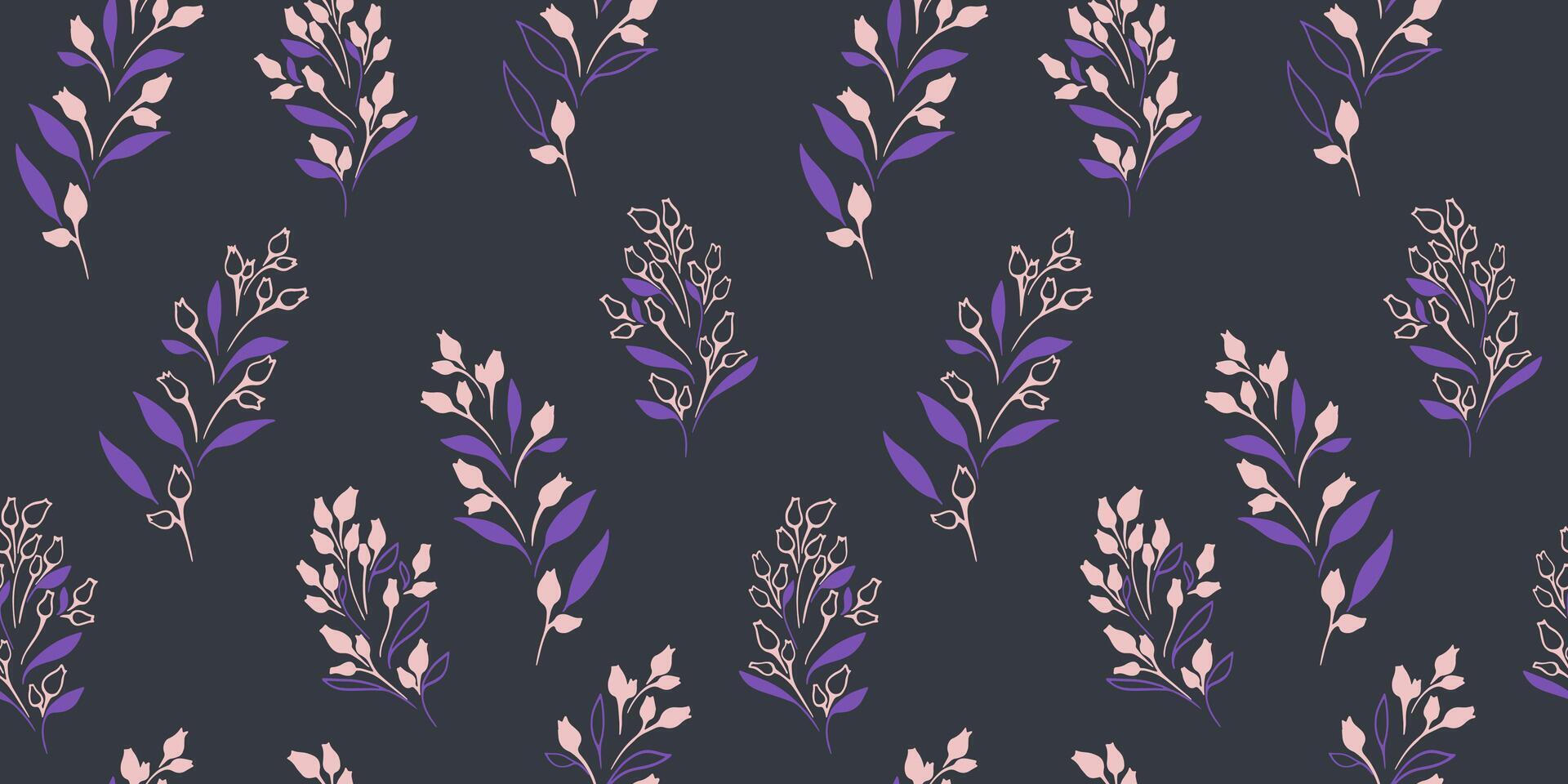 Seamless pattern with creative tiny branches leaves with abstract flowers buds. Minimalist, dark simple floral stem printing. hand drawn sketch. Template for designs, fashion, fabric, textile vector