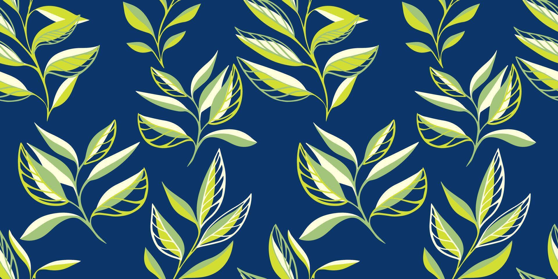 Trendy seamless pattern with tropical, minimalist, stylized green leaves stem. hand drawn sketch. Creative simple leaf branches on a dark blue background print. Collage template for designs vector