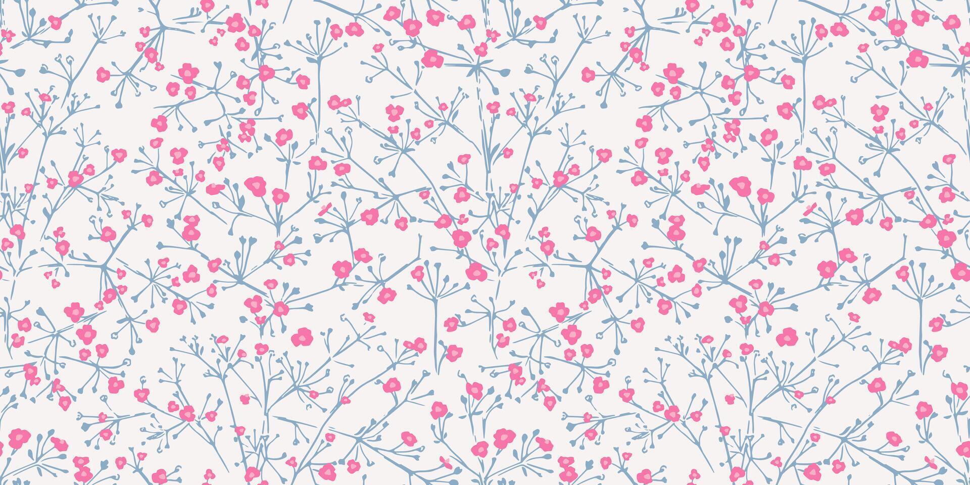hand drawn sketch small flowers with branches intertwined in a seamless pattern on a light background. Cute tiny floral stems printing. Template for designs, textile, surface design, fabric vector