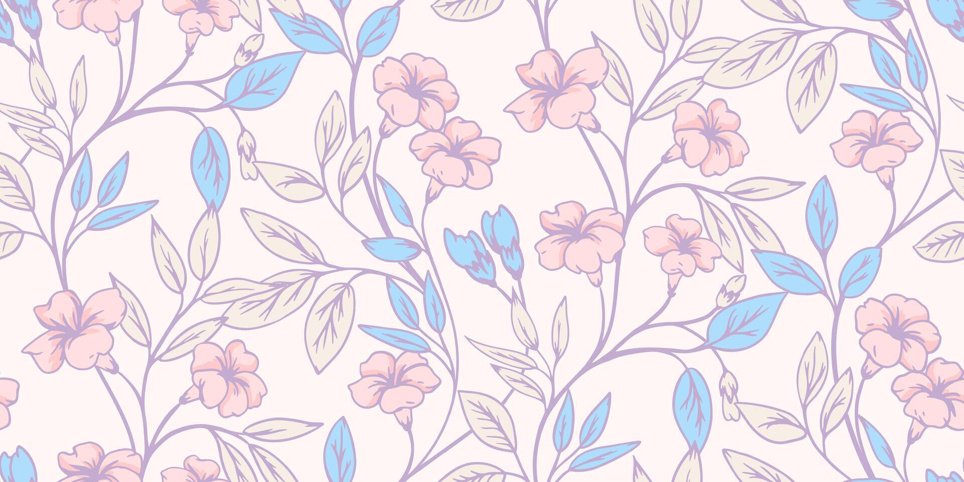 Pastel pattern seamless with creative blooming floral stems. hand drawn illustration. Artistic abstract branches with wild flowers, buds, leaves printing. Template for design, fabric, textile vector