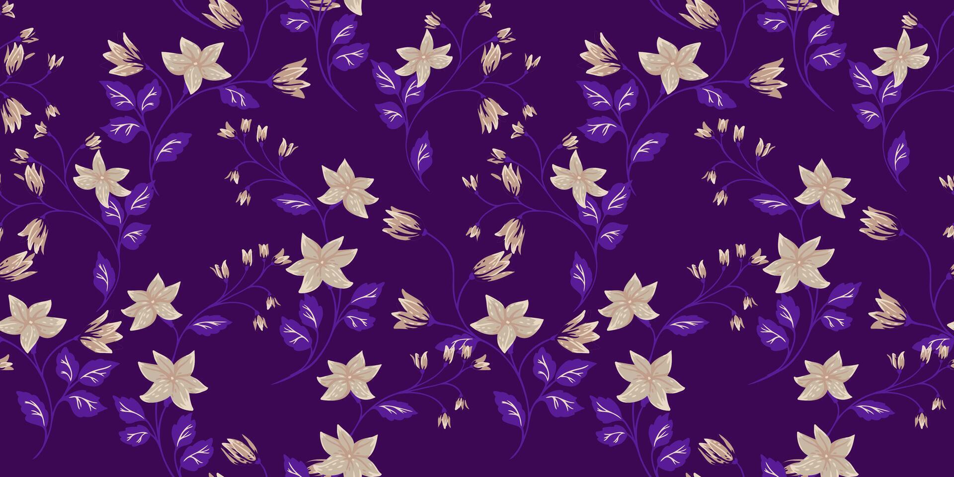 Elegance monotone seamless pattern with branches with tiny flowers bells, small leaves. hand drawn illustration. Abstract artistic floral stems printing intertwined in a violet background. vector