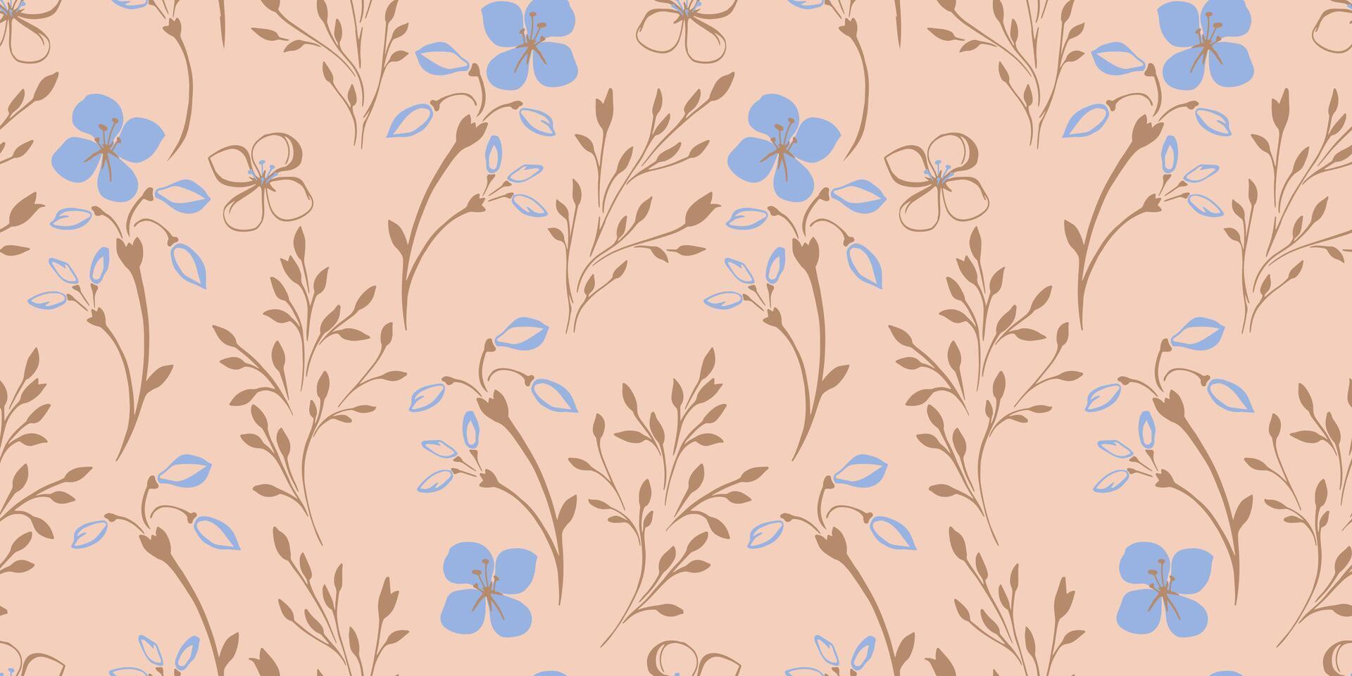 Pastel abstract minimalist wild floral stem seamless pattern on beige background. hand drawn sketch. Simple art shapes branches with ditsy blue flowers, tiny leaves, buds patterned. vector