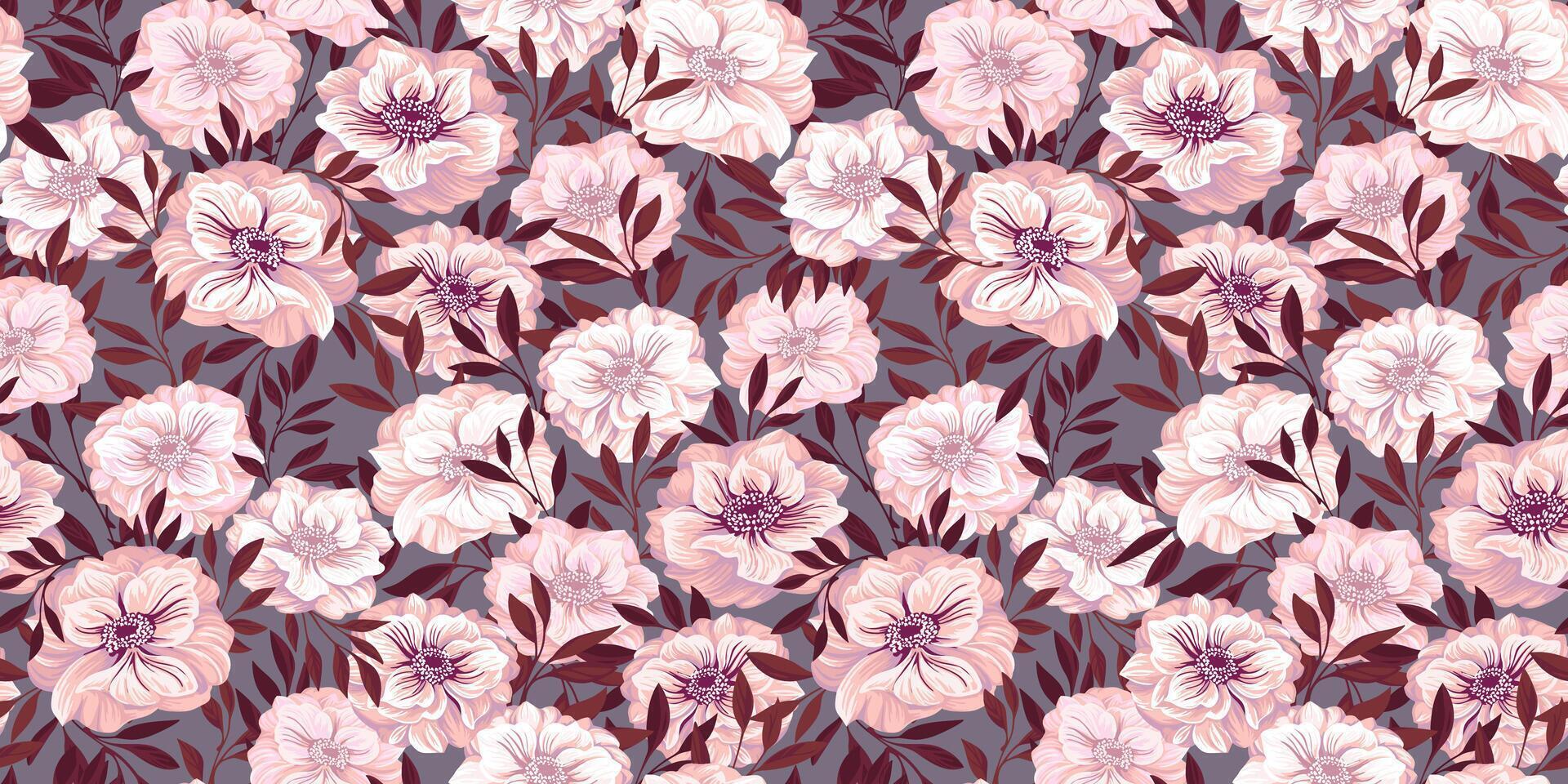 Seamless pattern with artistic abstract flowers and leaves. hand drawn illustration Ranunculus, Trollius, Globe flower. Blooming chic brown floral printing. vector