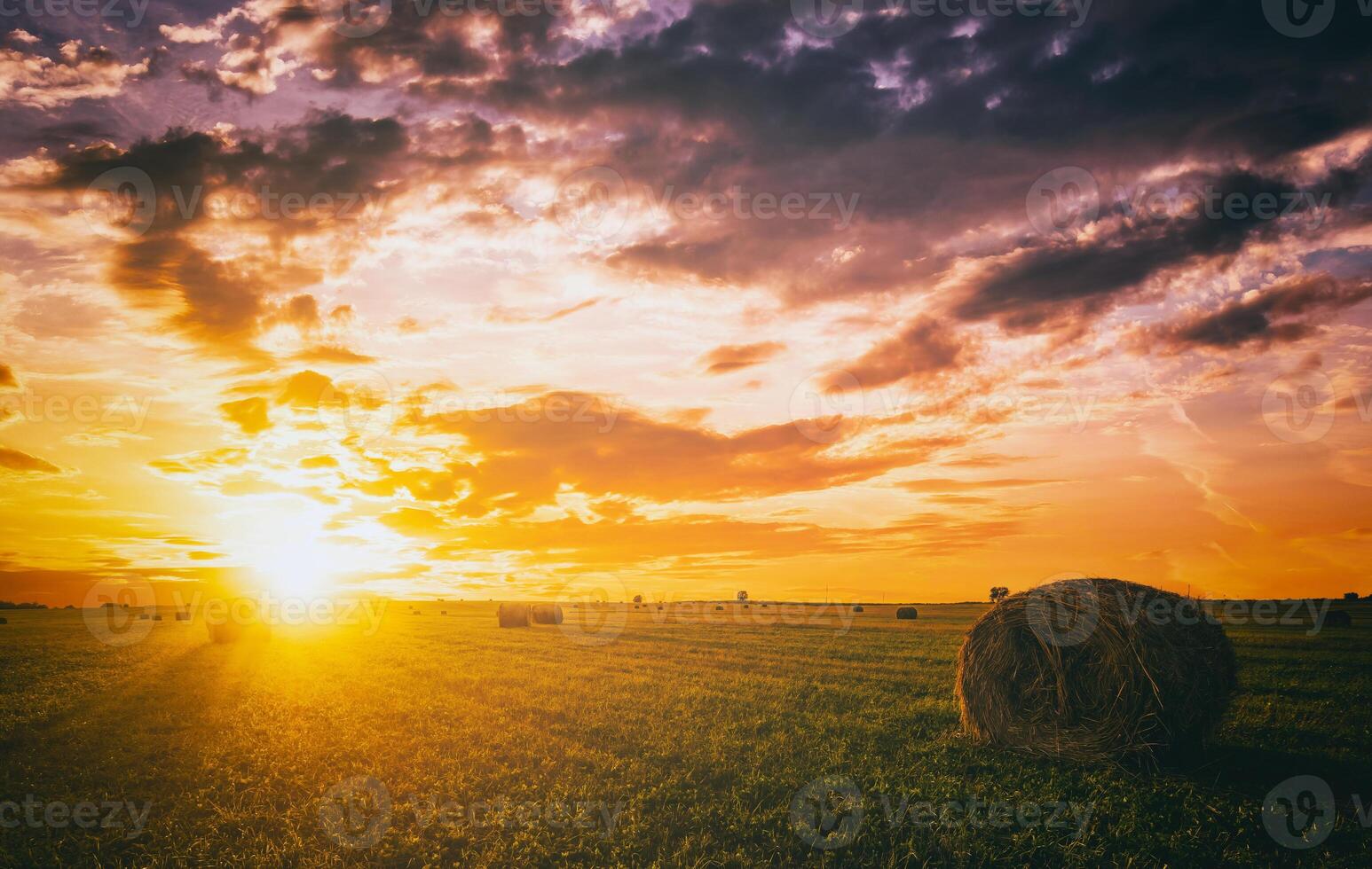 puesta de sol en un campo con pajar en un verano o temprano otoño noche con un nublado cielo en el antecedentes. obtención de animal alimentar en agricultura. Clásico película estético. foto