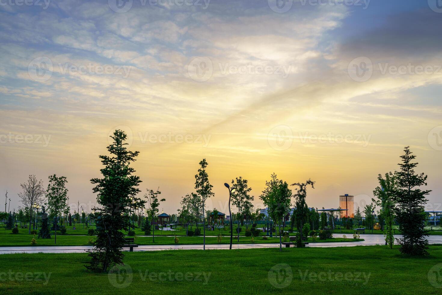 City park in early summer or spring with lanterns, young green lawn, trees and dramatic cloudy sky on a sunset or sunrise. photo