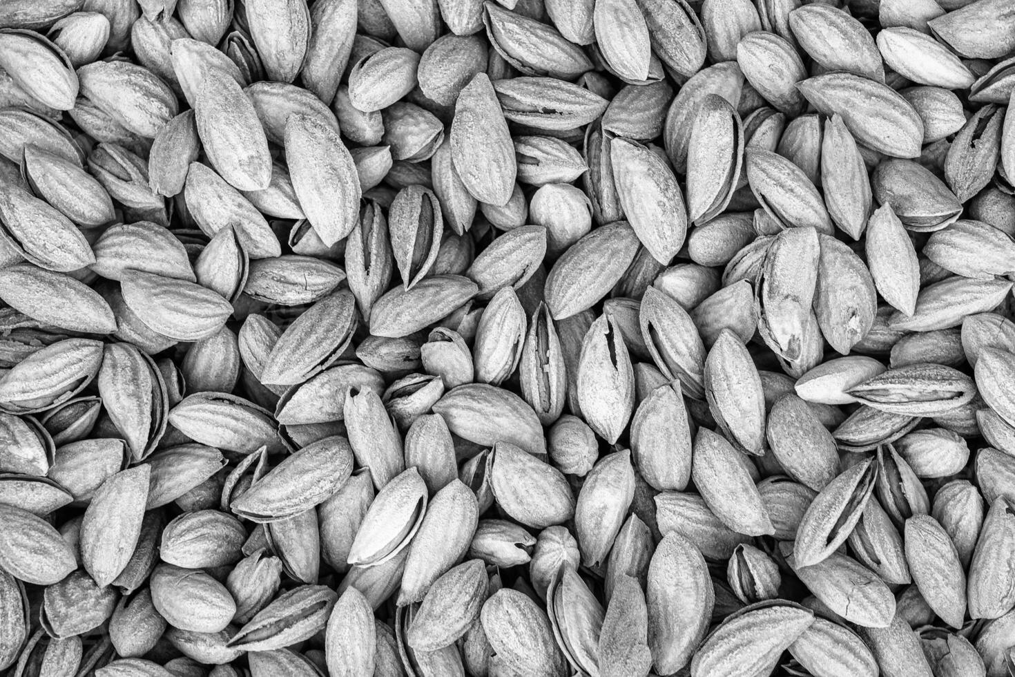 The texture of a heap of almonds in a shell. Background of healthy plant vegan food. Nuts. Black and white. photo
