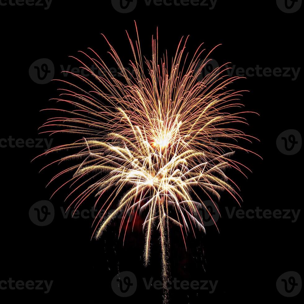 Colorful celebration fireworks isolated on a black sky background. photo