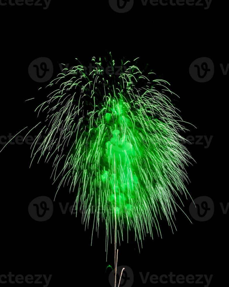 Colorful celebration fireworks isolated on a black sky background. photo