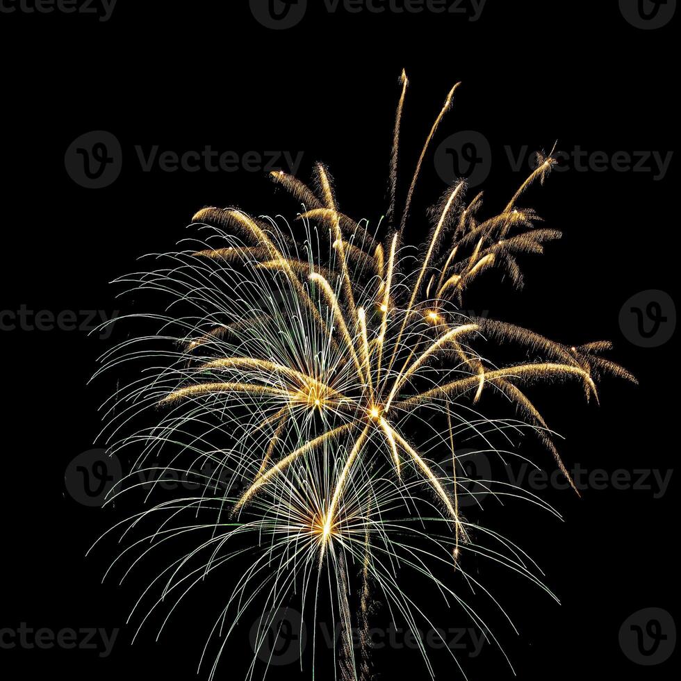 Colorful celebration fireworks isolated on a black sky background. photo