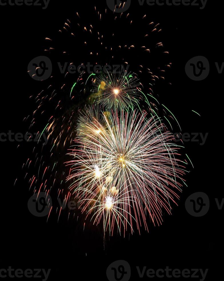 Colorful celebration fireworks isolated on a black sky background. photo