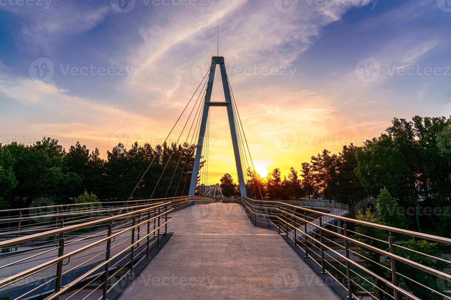 Modern footbridge across the Anhor canal in Navruz park at sunset in summertime, Uzbekistan, Tashkent. photo