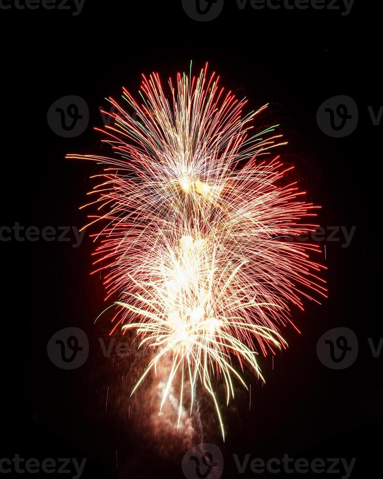 Colorful celebration fireworks isolated on a black sky background. photo