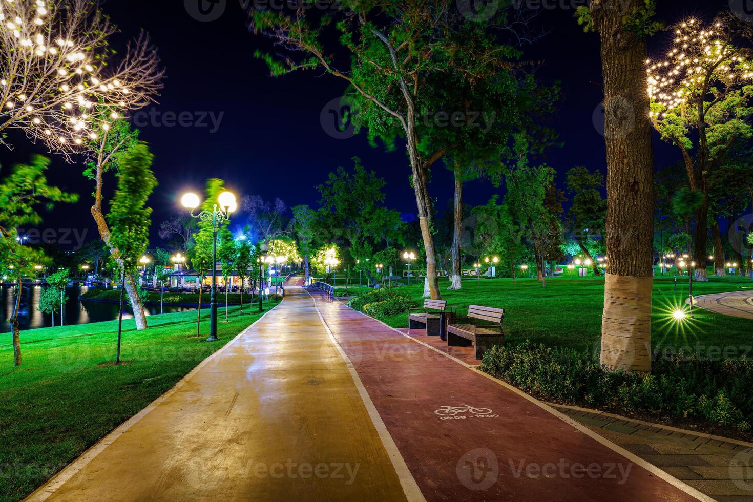 City night park in early summer or spring with pavement, lanterns, young green lawn and trees. photo
