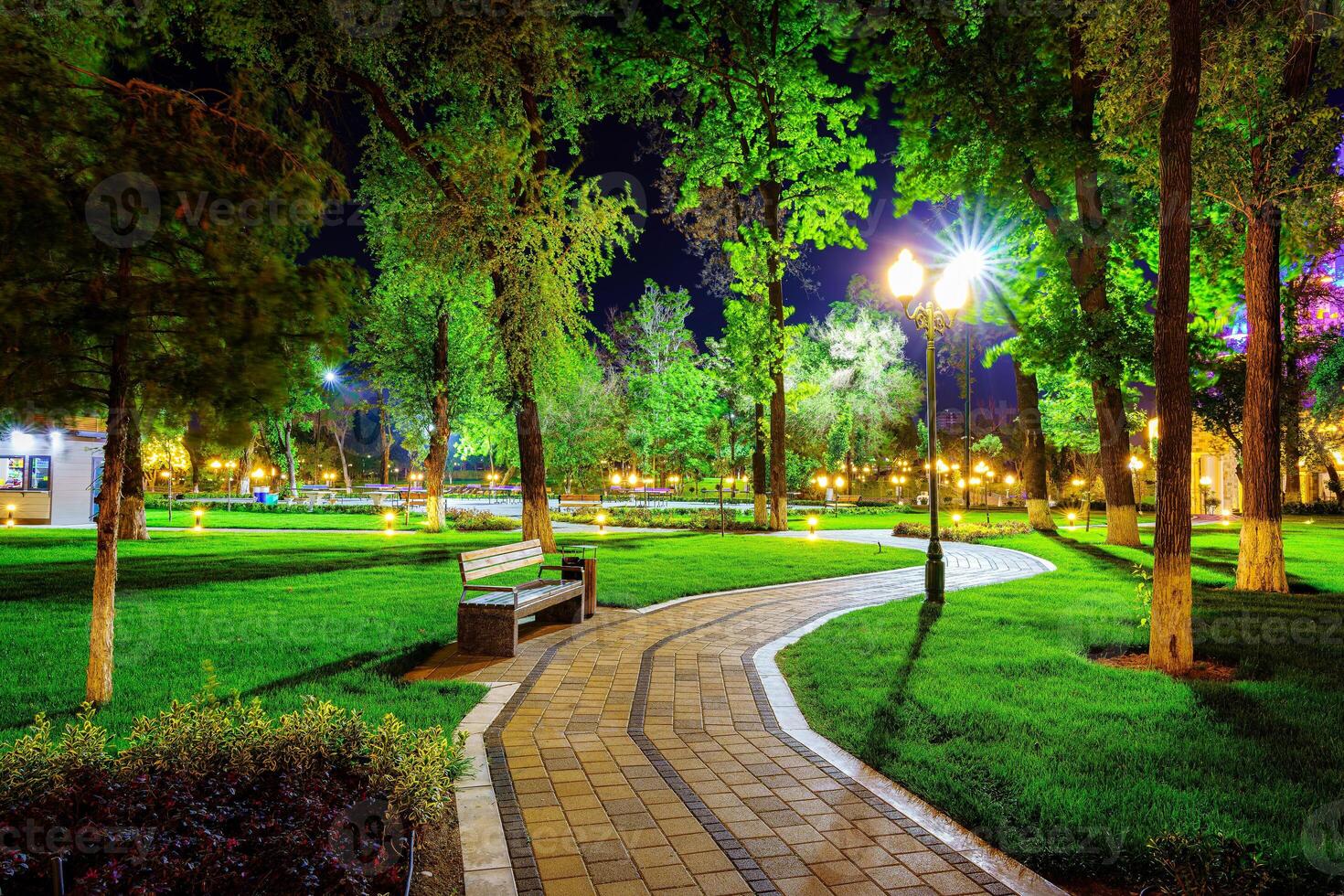 City night park in early summer or spring with pavement, lanterns, young green lawn and trees. photo