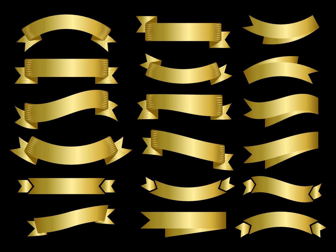 Golden color Ribbon elements. Gold outline modern simple ribbons collection. Flat banner ribbon for decorative design. Ribbons, Banners, badges, Labels Design Elements. vector