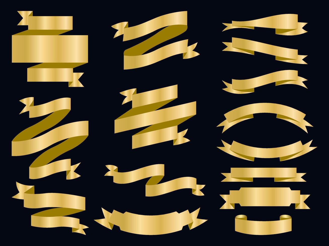 Golden color Ribbon elements. Gold outline modern simple ribbons collection. Flat banner ribbon for decorative design. Ribbons, Banners, badges, Labels Design Elements. vector