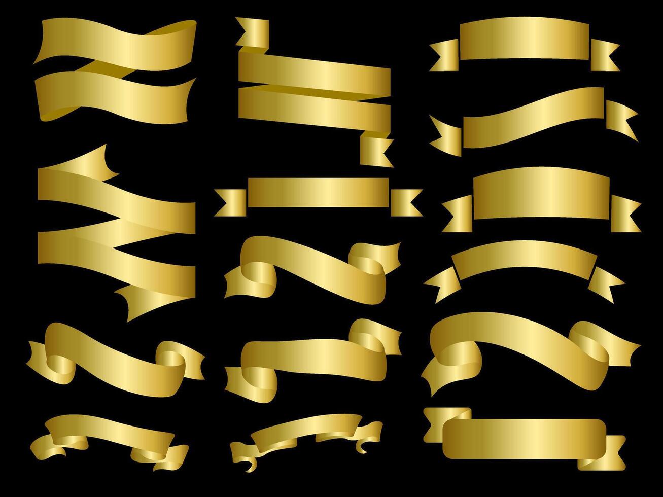 Golden color Ribbon elements. Gold outline modern simple ribbons collection. Flat banner ribbon for decorative design. Ribbons, Banners, badges, Labels Design Elements. vector