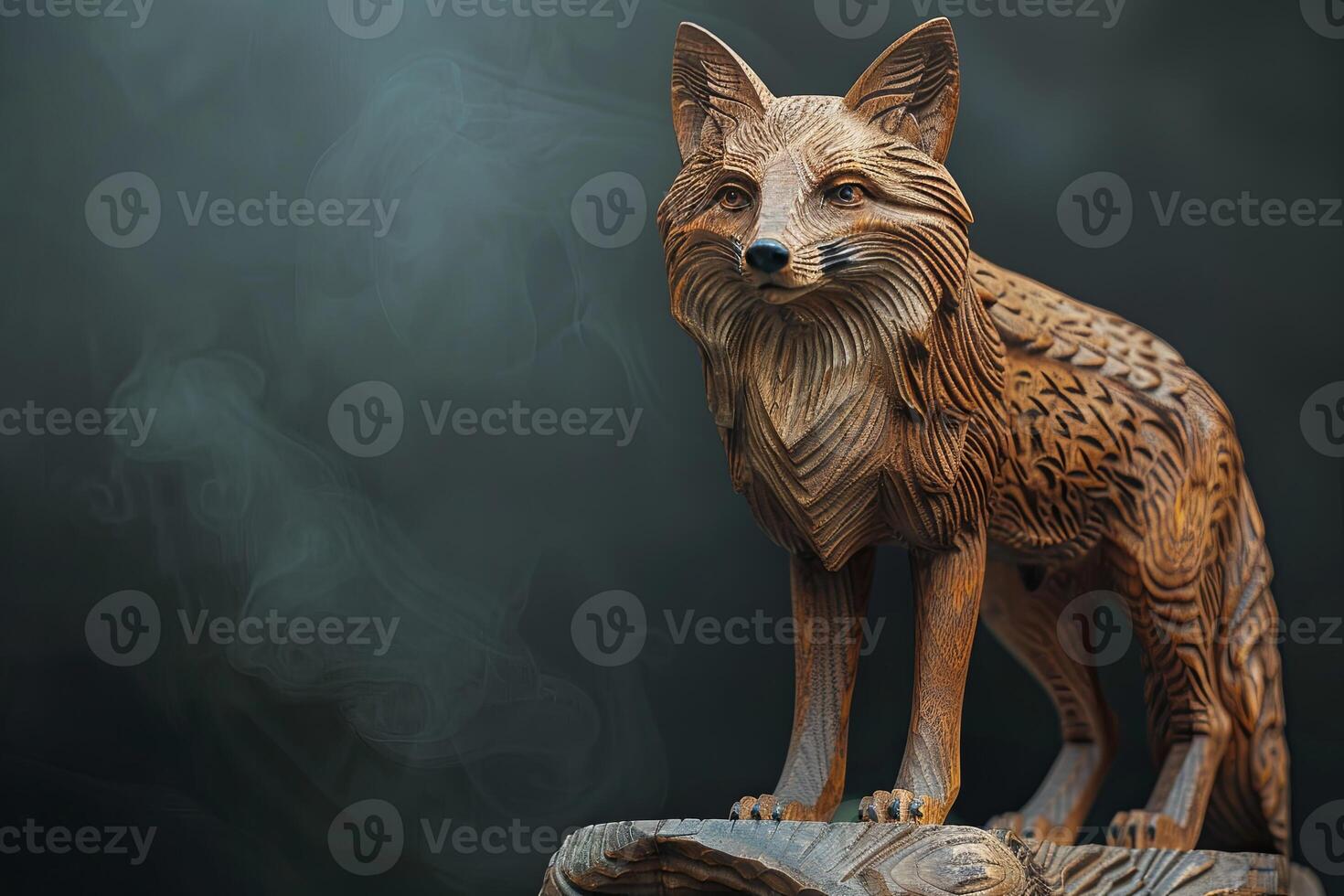 Lifelike wooden fox sculpture with majestic presence and detailed carving AI Image photo
