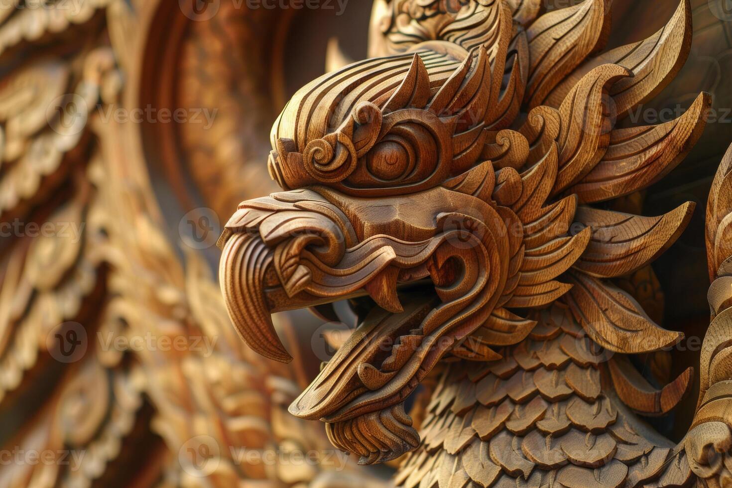 Wooden Garuda figurine showcasing powerful wings and fierce expression AI Image photo