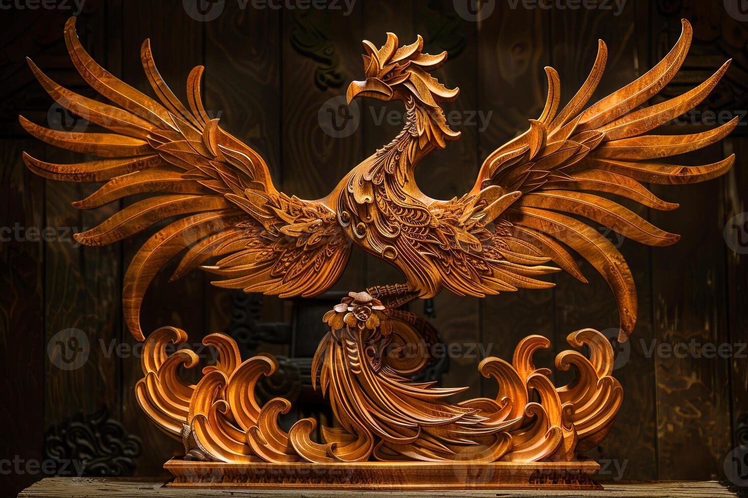 Fiery Plumage and Wingspan The Majestic Wooden Phoenix. AI Image photo