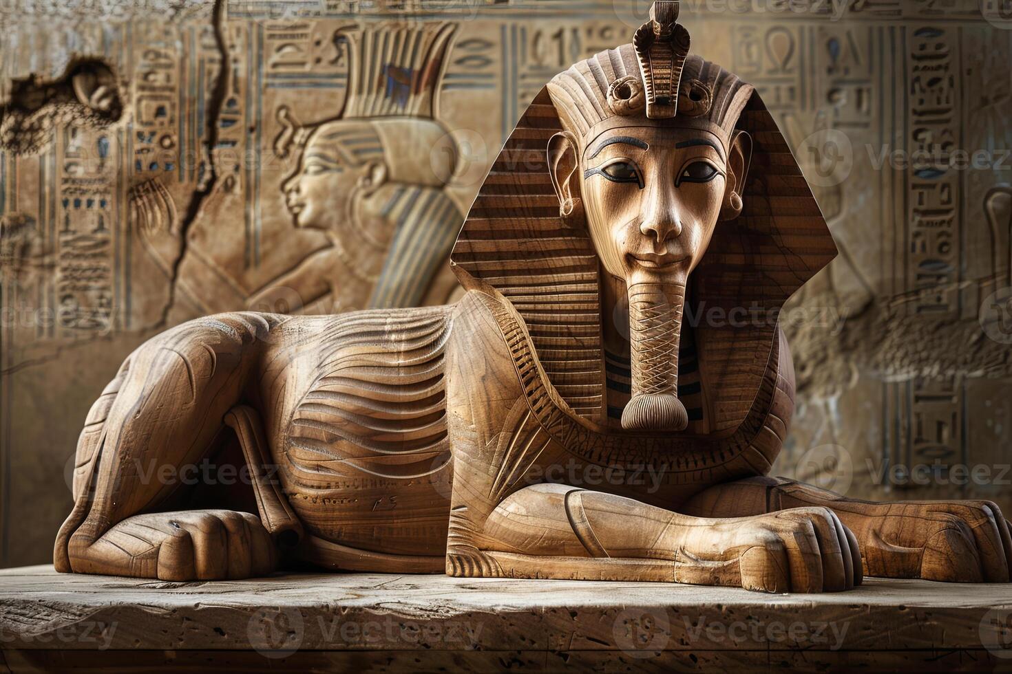 Enigmatic Wooden Sphinx Regal Posture and Mystical Expression. AI Image photo