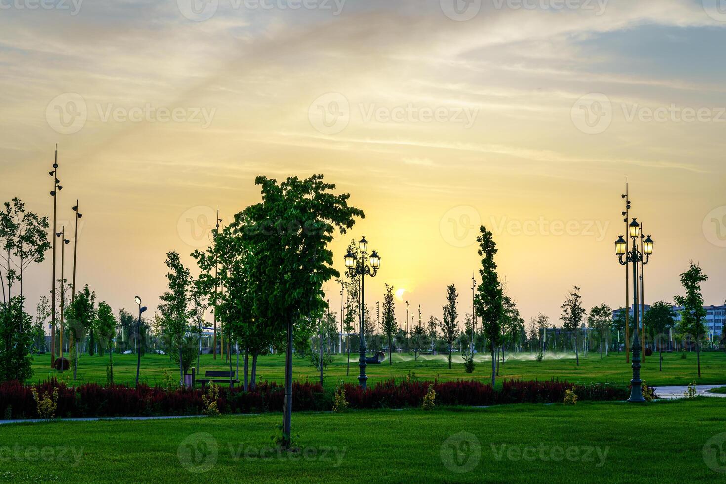 City park in early summer or spring with lanterns, young green lawn, trees and dramatic cloudy sky on a sunset or sunrise. photo