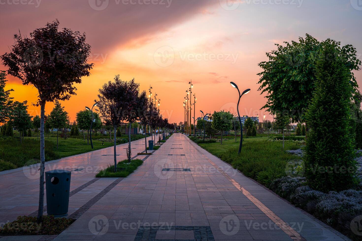 City park in early summer or spring with pavement, lanterns, young green lawn, trees and dramatic cloudy sky on a sunset or sunrise. photo