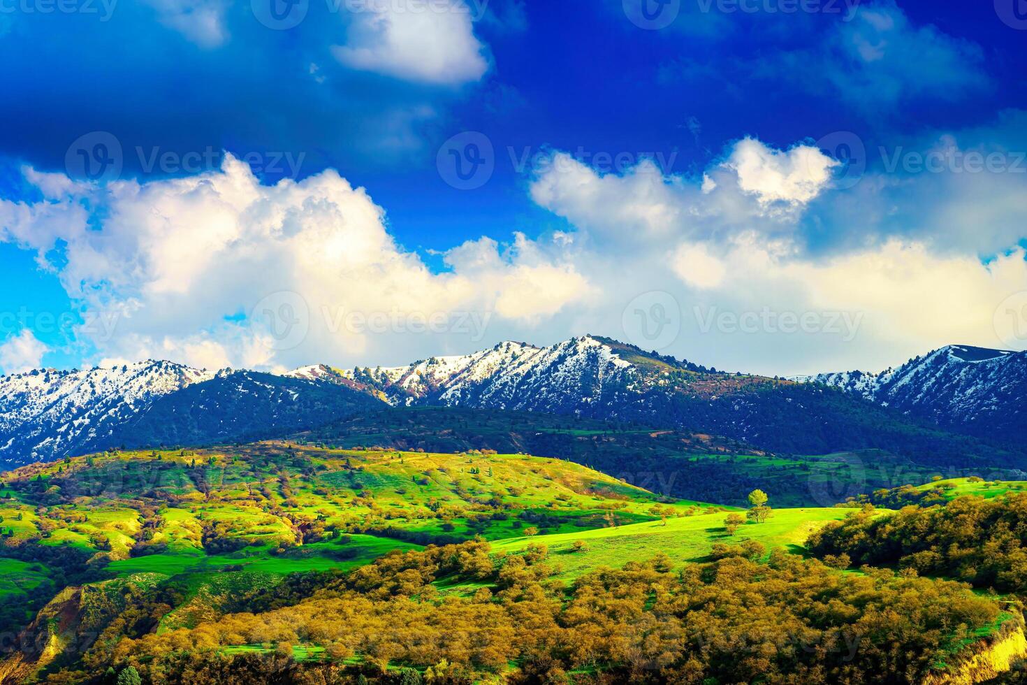 montaña parte superior cubierto con joven nieve y iluminado por el Dom en un soleado día. montaña paisaje. foto