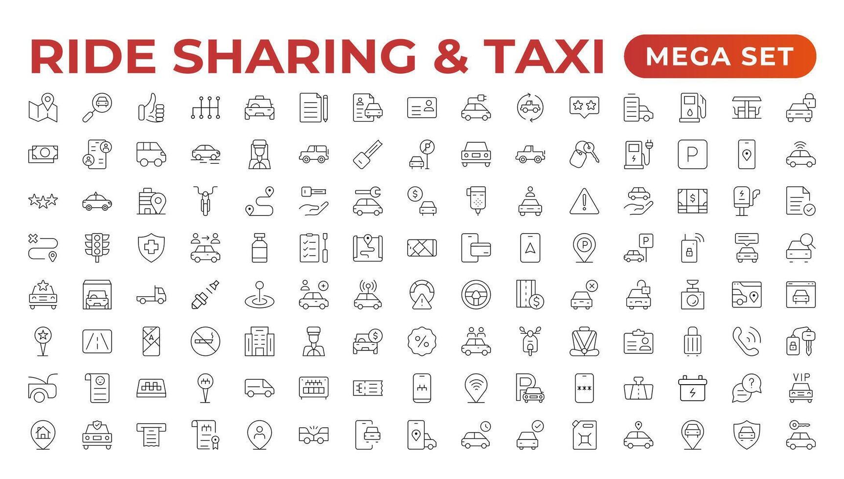 Set of car-sharing Icons. Simple line art style icons pack. Car and rent simple minimal thin icons. Related car rent, repair, transport, and travel. Editable stroke. illustration. vector