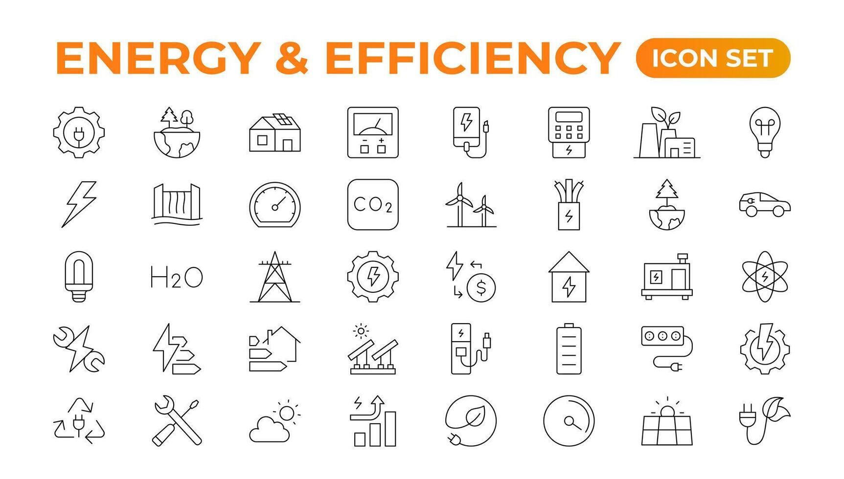 Set of Energyand Ecology line icons set. outline with editable stroke collection. Includes Eco Home, Nuclear Energy, Power Plant, Solar Energy.Simple set about energy efficiency and saving. vector