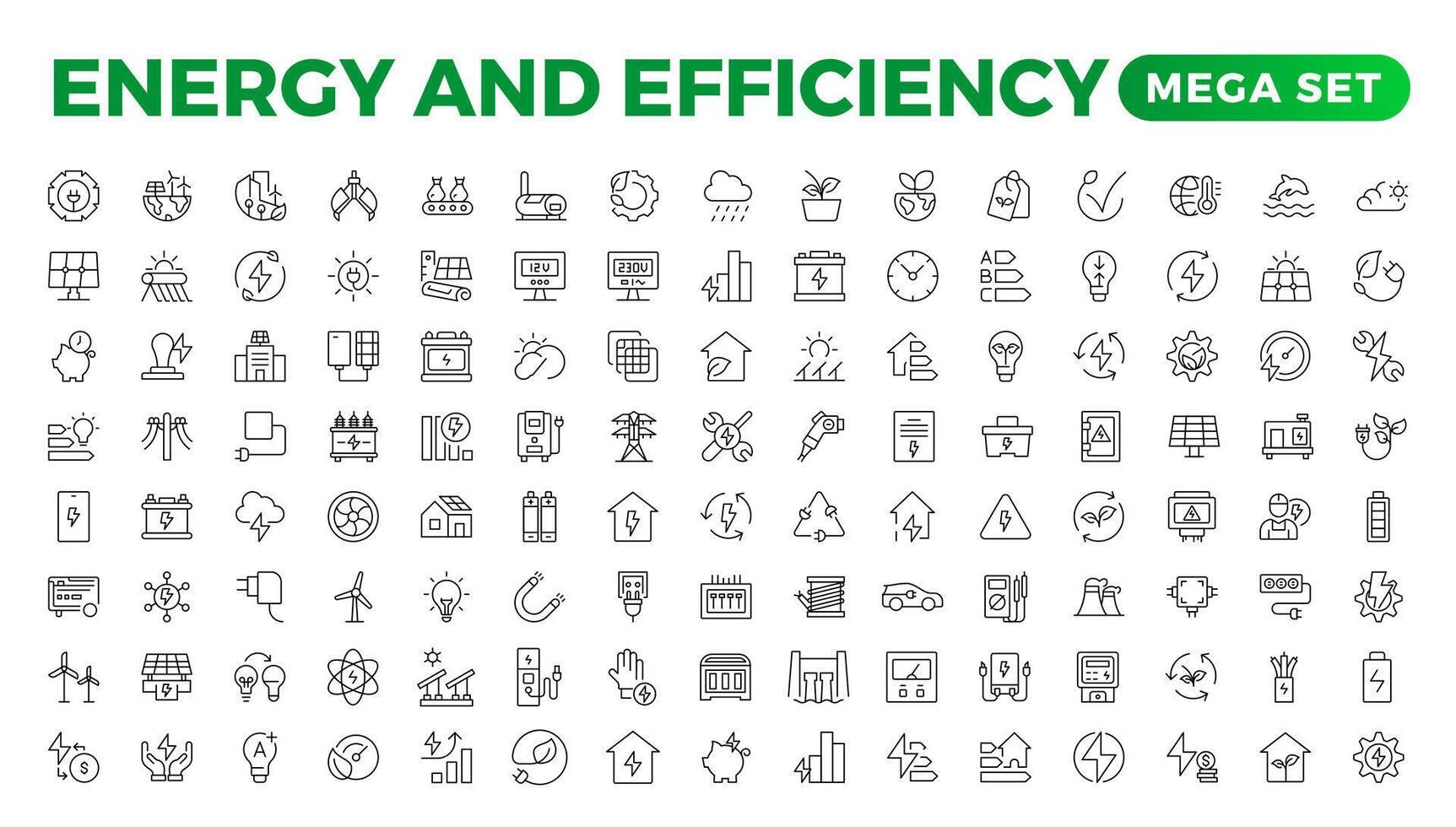 conjunto de energíay ecología línea íconos colocar. contorno con editable carrera recopilación. incluye eco hogar, nuclear energía, poder planta, solar energia.simple conjunto acerca de energía eficiencia y ahorro. vector