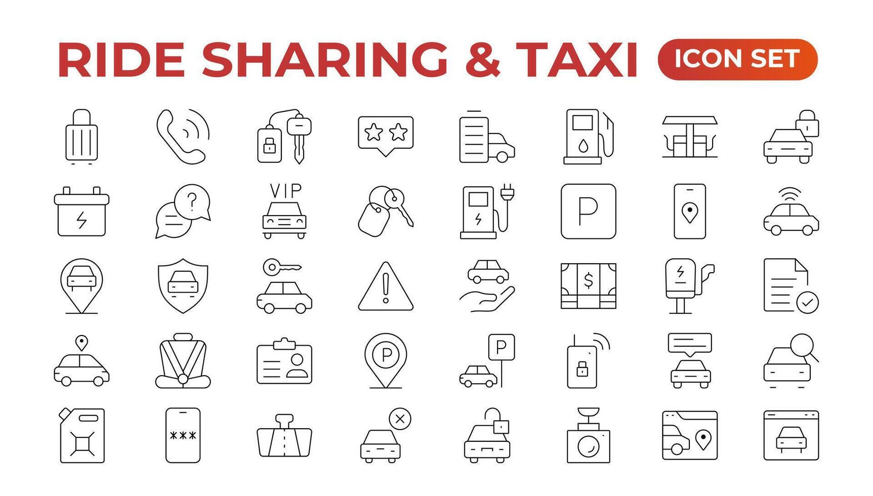 Set of car-sharing Icons. Simple line art style icons pack. Car and rent simple minimal thin icons. Related car rent, repair, transport, and travel. Editable stroke. illustration. vector