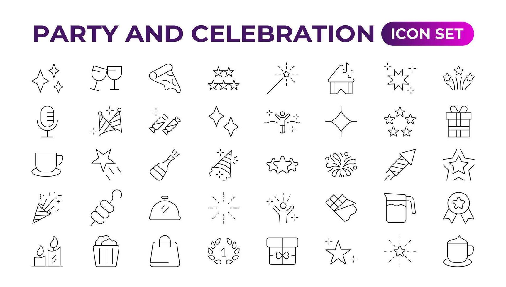 Party celebration thin line icons set. Birthdays, holidays, events, festive. Basic party elements collection. simple linear design bundle of thirty happy birthday flat style and lettering. vector