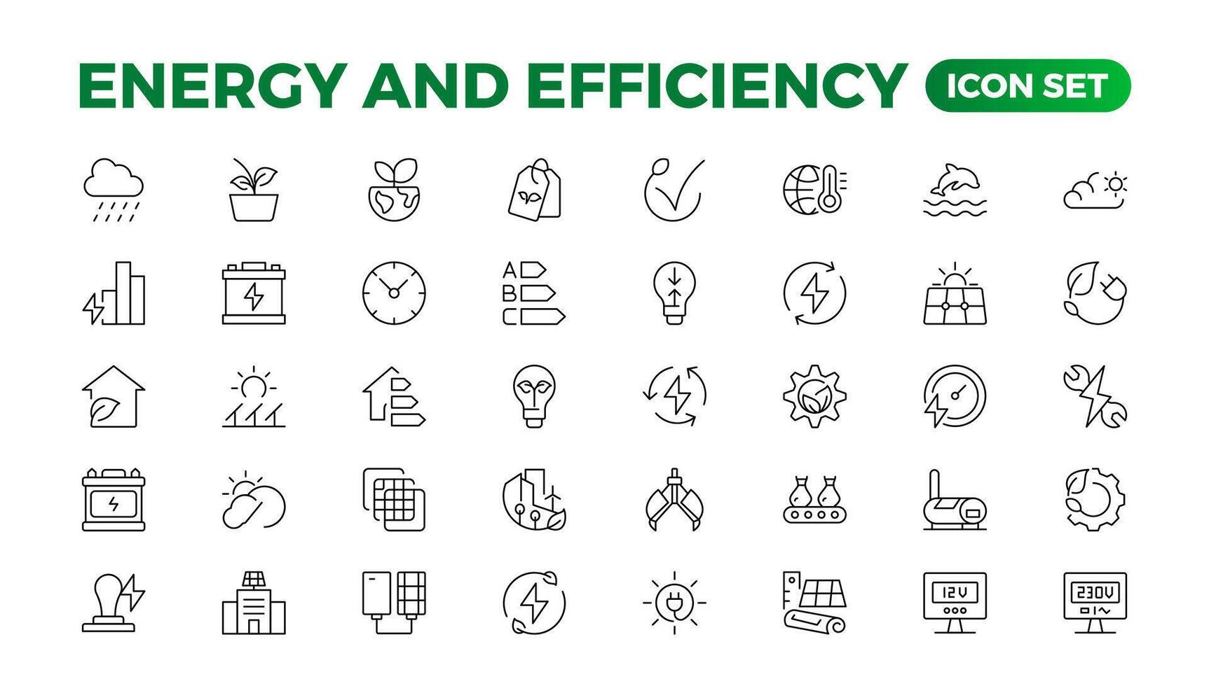 conjunto de energíay ecología línea íconos colocar. contorno con editable carrera recopilación. incluye eco hogar, nuclear energía, poder planta, solar energia.simple conjunto acerca de energía eficiencia y ahorro. vector