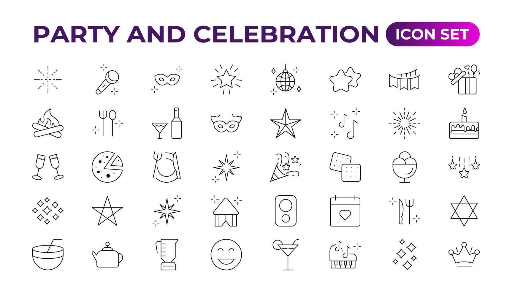 Party celebration thin line icons set. Birthdays, holidays, events, festive. Basic party elements collection. simple linear design bundle of thirty happy birthday flat style and lettering. vector