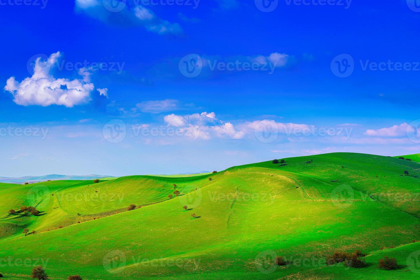 Hills and mountains covered with young green grass and illuminated by the sun on a sunny day. photo