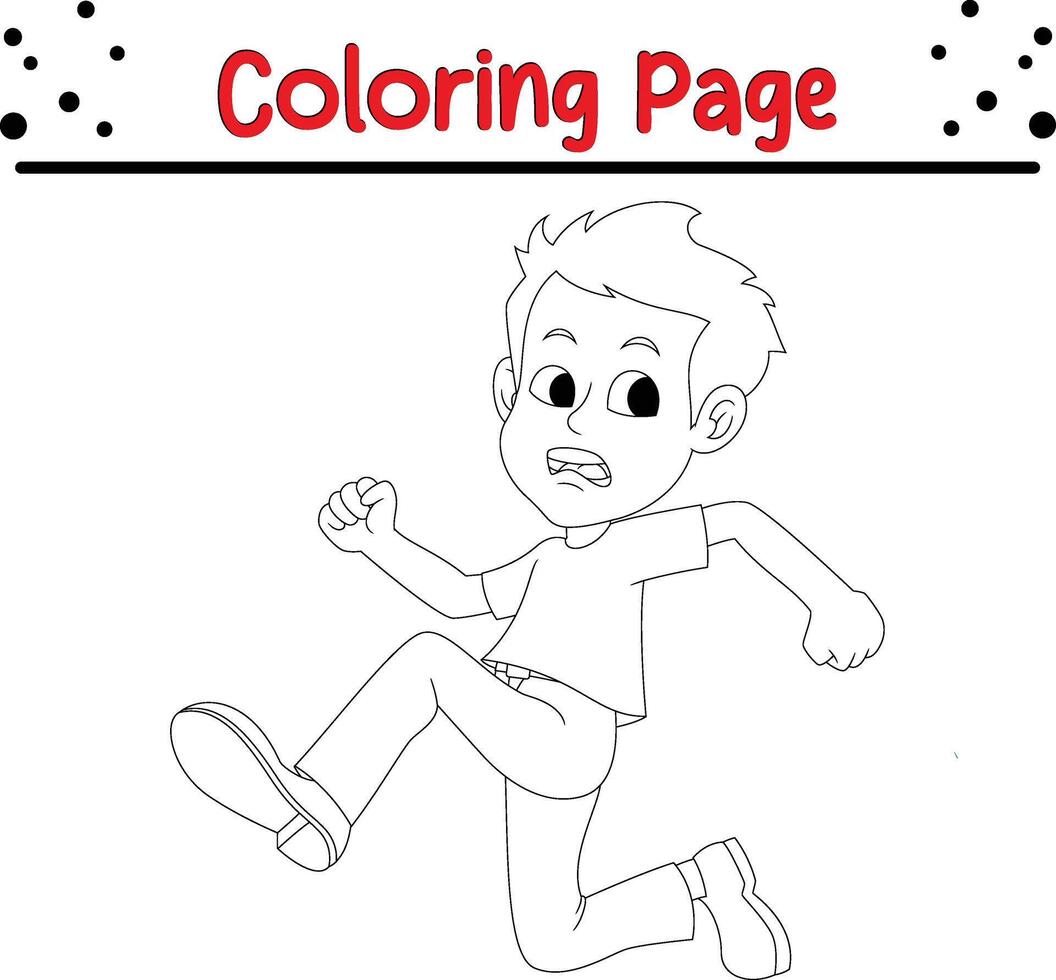 cute boy running away coloring book page for kids. vector