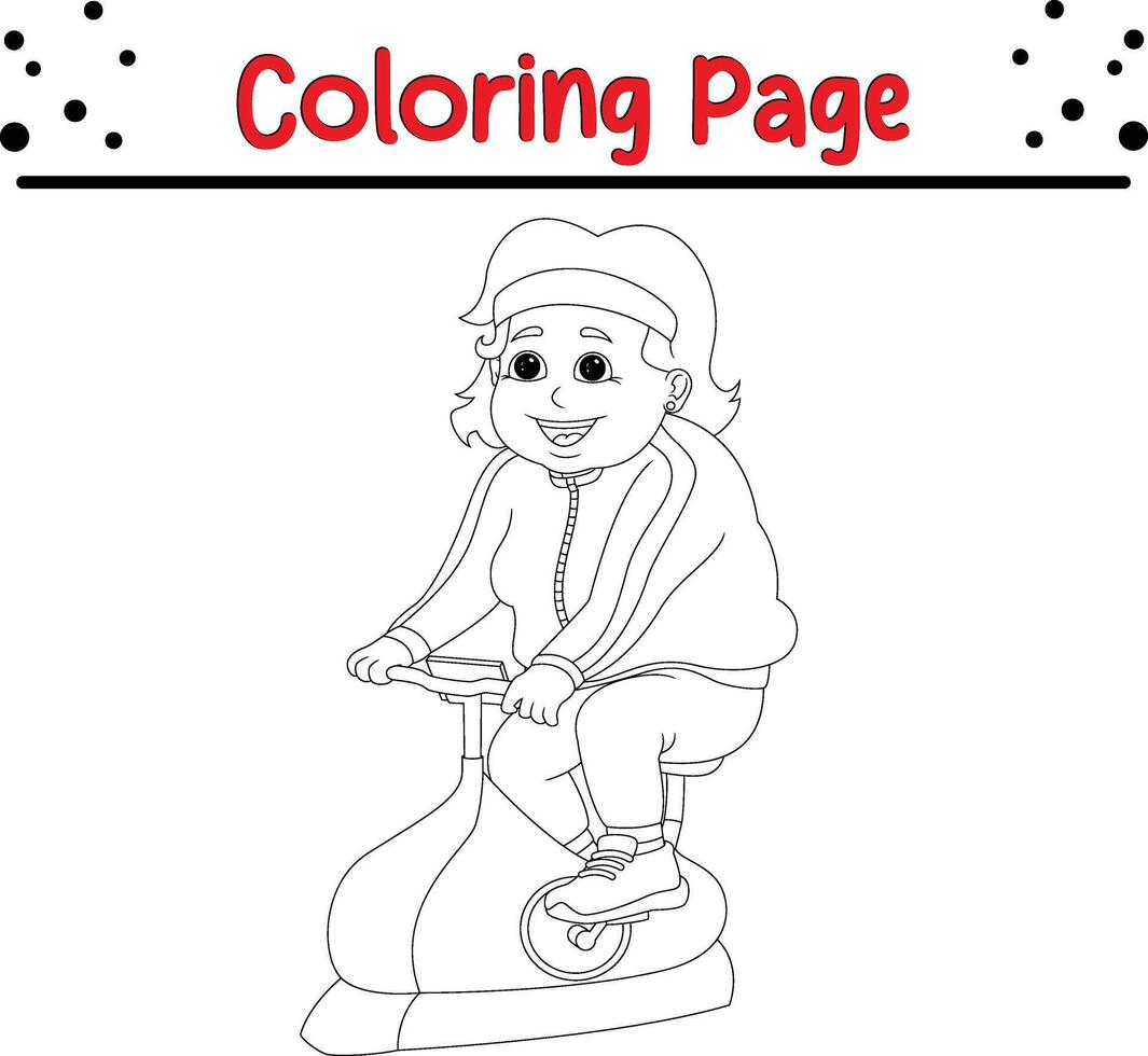 happy grand mother riding exercise bike coloring book page for kids. vector