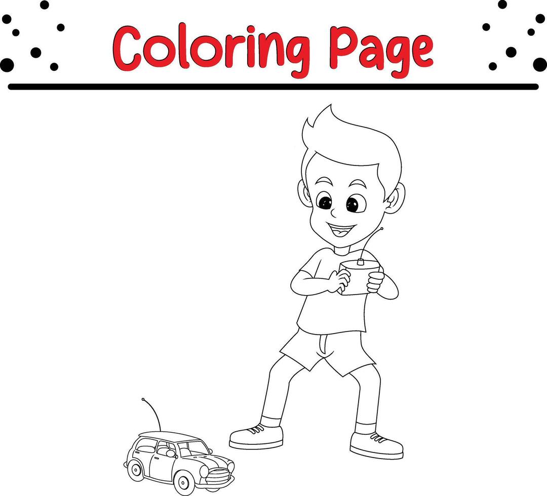 little boy play with remote control toy car coloring book page for kids. vector