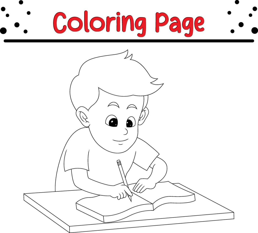 little boy studying table coloring book page for kids. vector