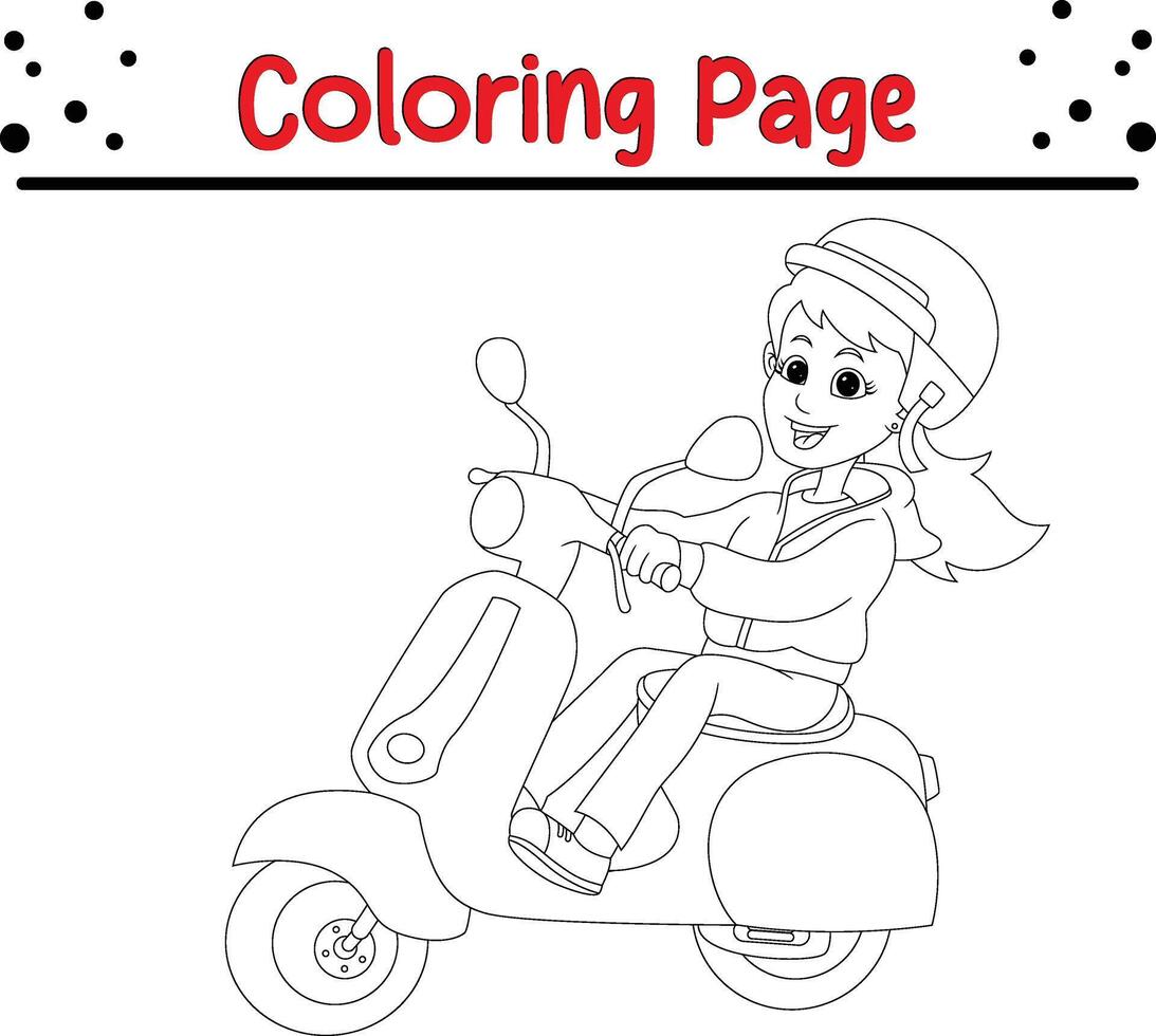 joven niña montando scooter colorante libro página para niños. vector