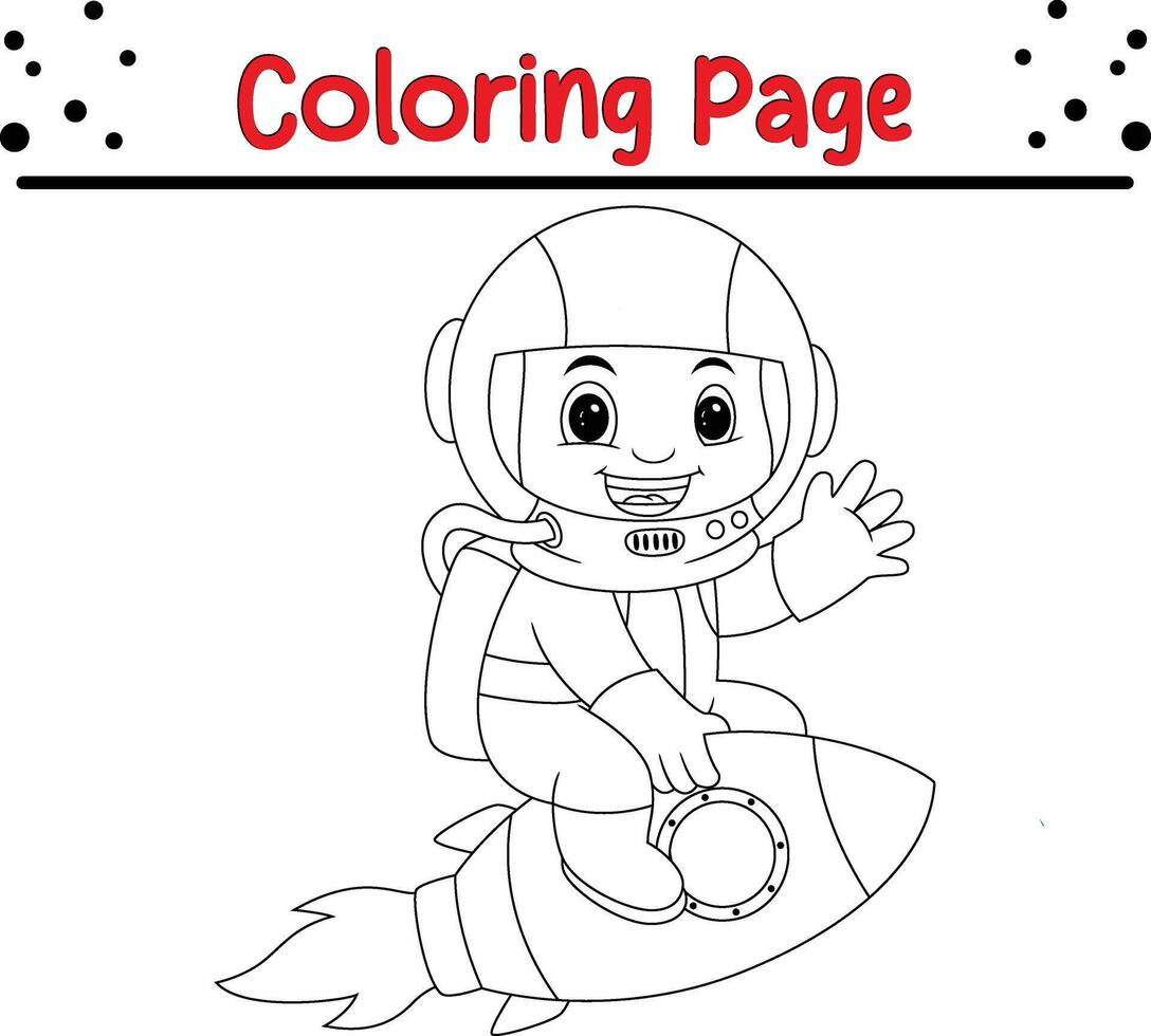 joven astronauta montando cohete colorante libro página para niños. vector