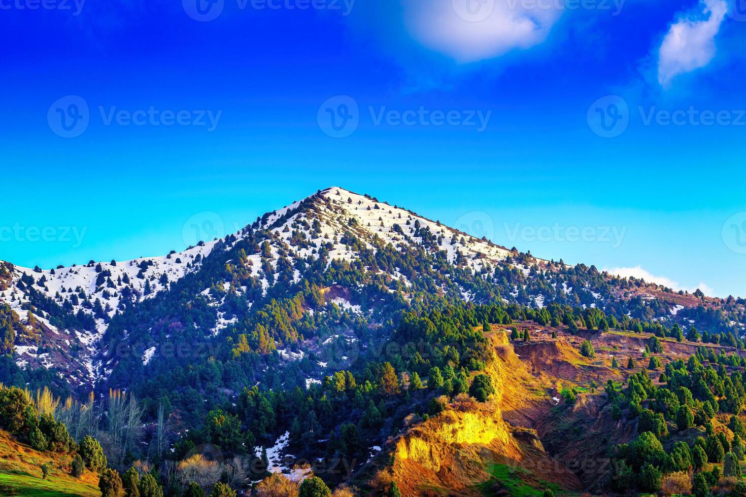 montaña parte superior cubierto con joven nieve y iluminado por el Dom en un soleado día. montaña paisaje. foto