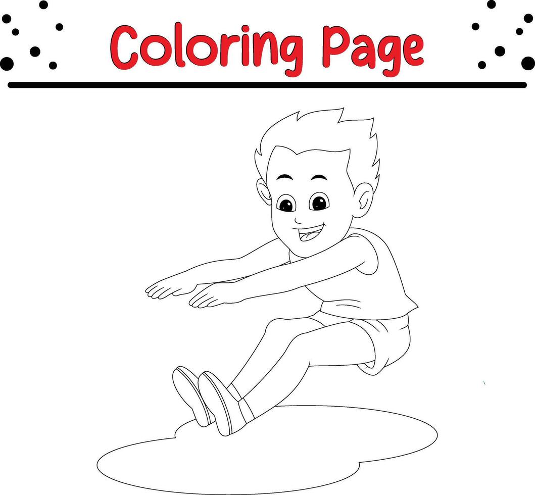 boy long jump coloring book page for kids. vector