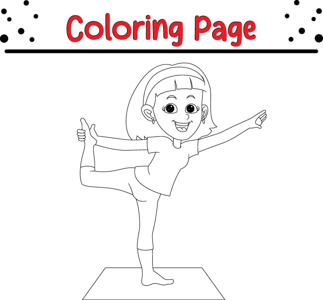 young girl doing yoga exercises coloring book page for kids. vector