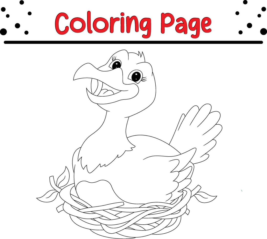 cute bird with nest coloring book page for kids. vector